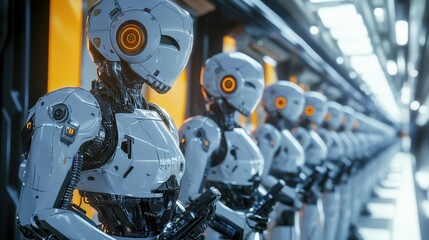 Fototapeta premium The future of factory engineering and industrial technology is based on computer-aided manufacturing. 3D robotic teamwork is key in a futuristic electronic media metaverse cyber world.