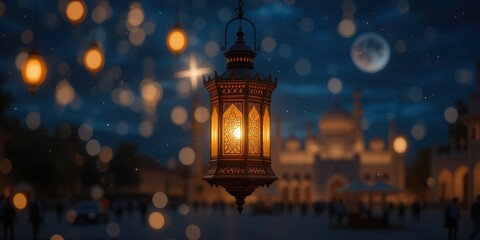 Handcrafted vintage lamp glowing warmly in the night, surrounded by festive Eid Mubarak decorations, intricate patterns, and soft golden lighting