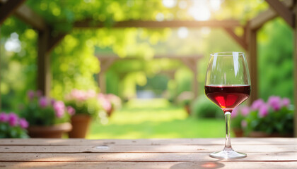 Glass of red wine on wooden table in garden, Trifon Zarezan theme