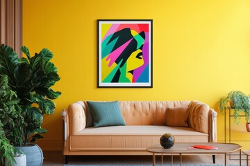 Colorful Abstract Woman Portrait on Bright Yellow Wall in Living Room
