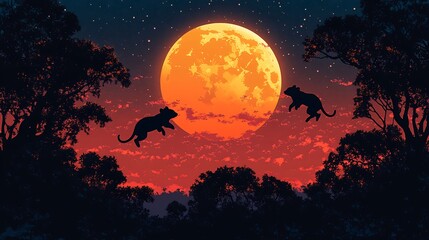 Two Panthers Jumping in Front of a Full Moon