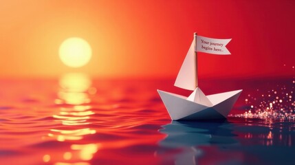 A Small Paper Boat Sailing into a Vibrant Sunset, Embarking on a New Adventure