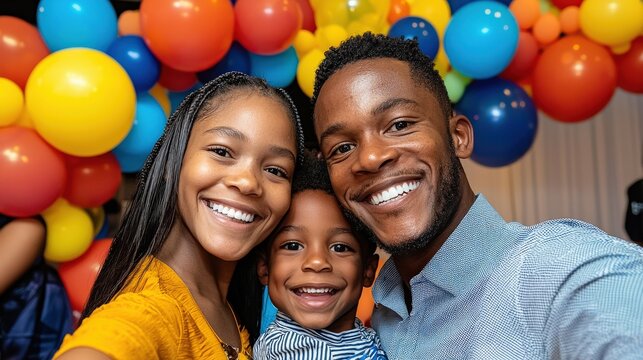 Parents taking a family selfie at their child's birthday party, with a colorful balloon arch in the background