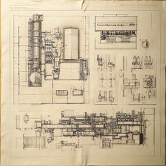 Detailed blueprint of modern building with landscaping features and full construction project design
