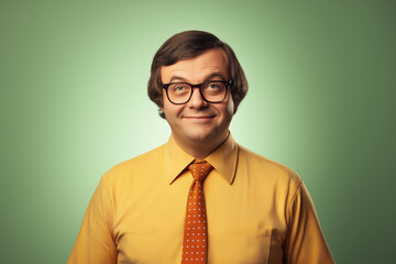 Smiling Man in Yellow Shirt with Orange Polka Dot Tie and Glasses on Green Background for Professional Portrait
