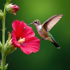 Fototapeta premium Hummingbird on red hollyhock flower with insects, nature, garden