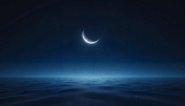 Crescent moon reflecting on calm ocean waters, Ramadan theme