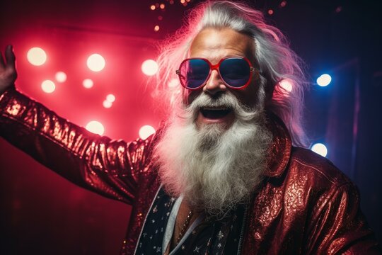 Expressive charismatic senior man with long white beard, red sunglasses and shiny jacket dancing under colorful stage lights