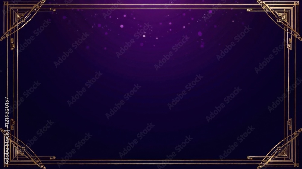 Poster deep purple background with elegant golden art deco frame and subtle sparkle