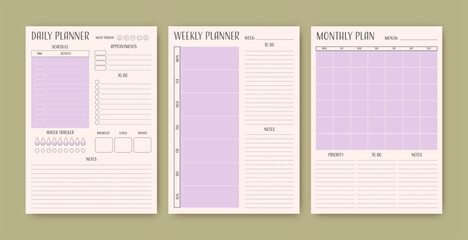 Minimalistic planner templates. Pages for daily, weekly, and monthly organization. Vector diary.