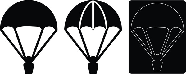 Parachute icon vector illustration in black flat filled, Travel transport of air balloon symbol, Floating stripped sign.