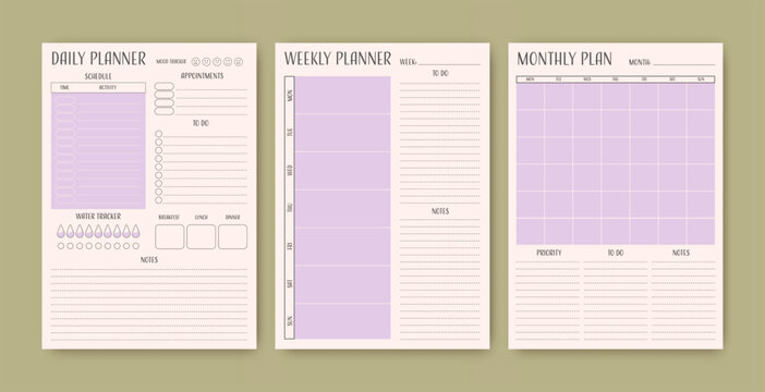 Minimalistic planner templates. Pages for daily, weekly, and monthly organization. Vector diary.