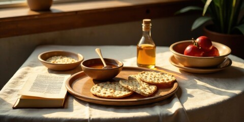 Fototapeta premium A serene table setting with honey, crackers, and fruit, bathed in warm sunlight, accompanied by a book