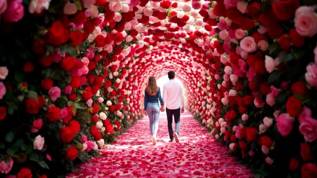 A vibrant floral tunnel filled with blooming roses in shades of red pink and white couple walking through the tunnel