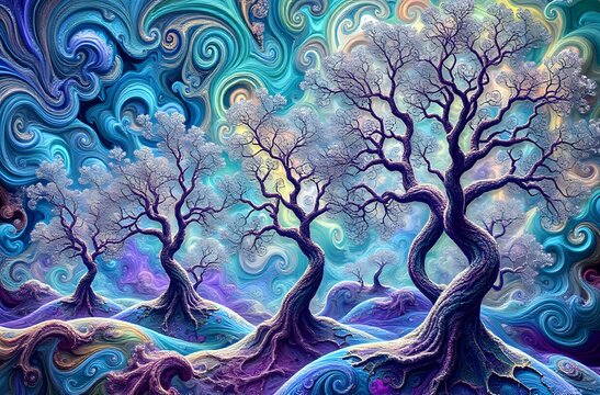 Surreal Fractal Forest Landscape with Vibrant Trees
