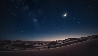 Desert landscape under a crescent moon at night, Ramadan theme