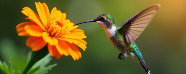 Fototapeta premium Hummingbird sipping from a bright orange marigold flower, petal, flowers