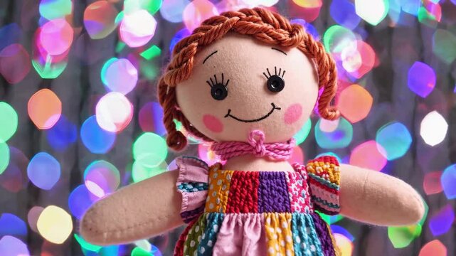 Colorful rag doll with braided hair in front of vibrant bokeh lights, joyful childhood concept