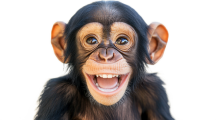 Adorable baby chimpanzee with bright eyes, joyful expression, and playful demeanor isolated on white background, showcasing the innocence and charm of wildlife.