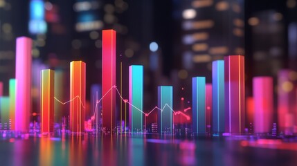 Colorful Abstract Data Visualization with Vibrant Bar Graphs and Line Charts Illuminating a Night Cityscape Background in a Modern Business Context