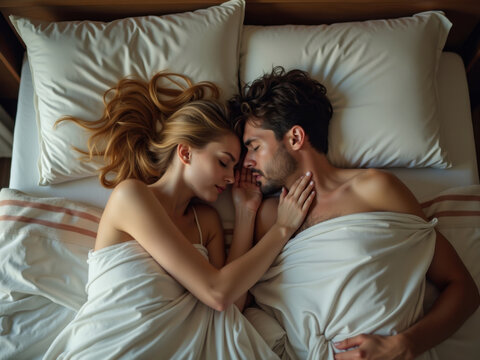 Adorable pareja joven durmiendo juntos. Vista superior
