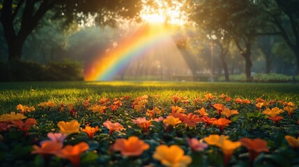 Obraz premium Colorful flowers bloom under a vibrant rainbow in a serene park during early morning light