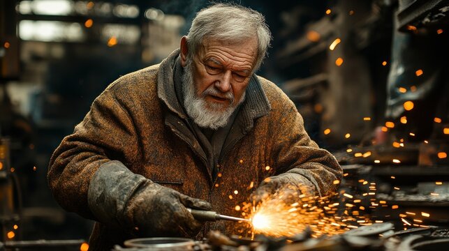 Elderly welder sparks metal, factory backdrop, industrial work