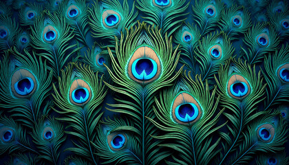 Pattern of vivid peacock feathers with intricate designs
