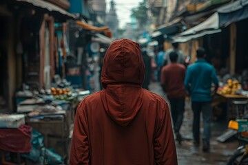 Fototapeta premium Person in Red Hoodie Walking Through a Busy Asian Market Street