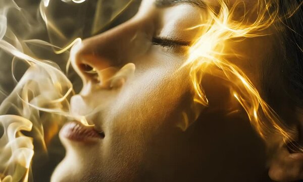 Beautiful woman doing energy therapy session with abstract energy power scents flowing around her head. 
