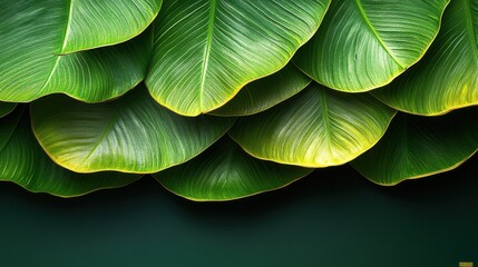 Obraz premium Green tropical leaves layered naturally create a vibrant backdrop with variations in texture and shade