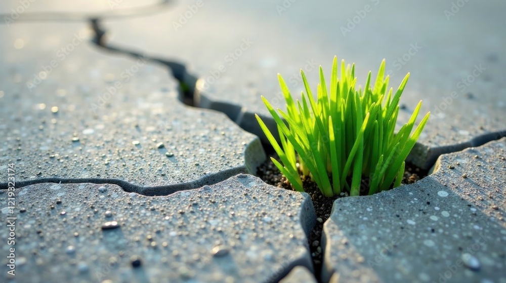 Poster a vibrant cluster of resilient green shoots emerges from a crack in a weathered gray pavement, symbo