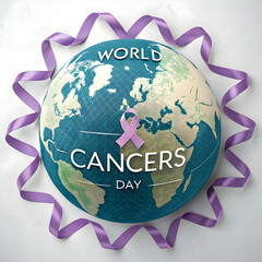 a globe surrounded by purple ribbons with world cancer