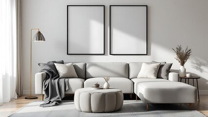 Frame mockup, paper size. Living room wall poster mockup. Interior mockup with house background. Modern interior design.