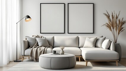 Frame mockup, paper size. Living room wall poster mockup. Interior mockup with house background. Modern interior design.