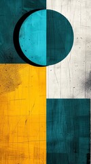 Naklejka premium Playful retro layout, grainy teal and yellow textures, exaggerated overlapping geometric shapes layered for a nostalgic risograph look