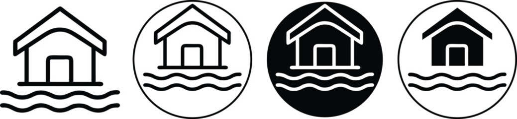 Flood icon vector set in flat and outline. Climate change symbol. Heavy rainfall deluge residential house. Tsunami weather disaster sign.