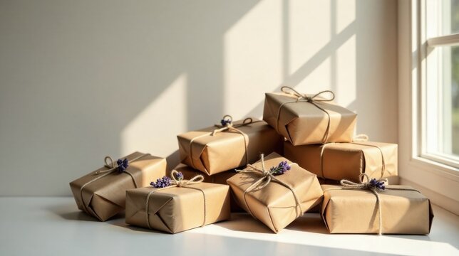 A pile of modestly wrapped gifts sits bathed in sunlight near a window.