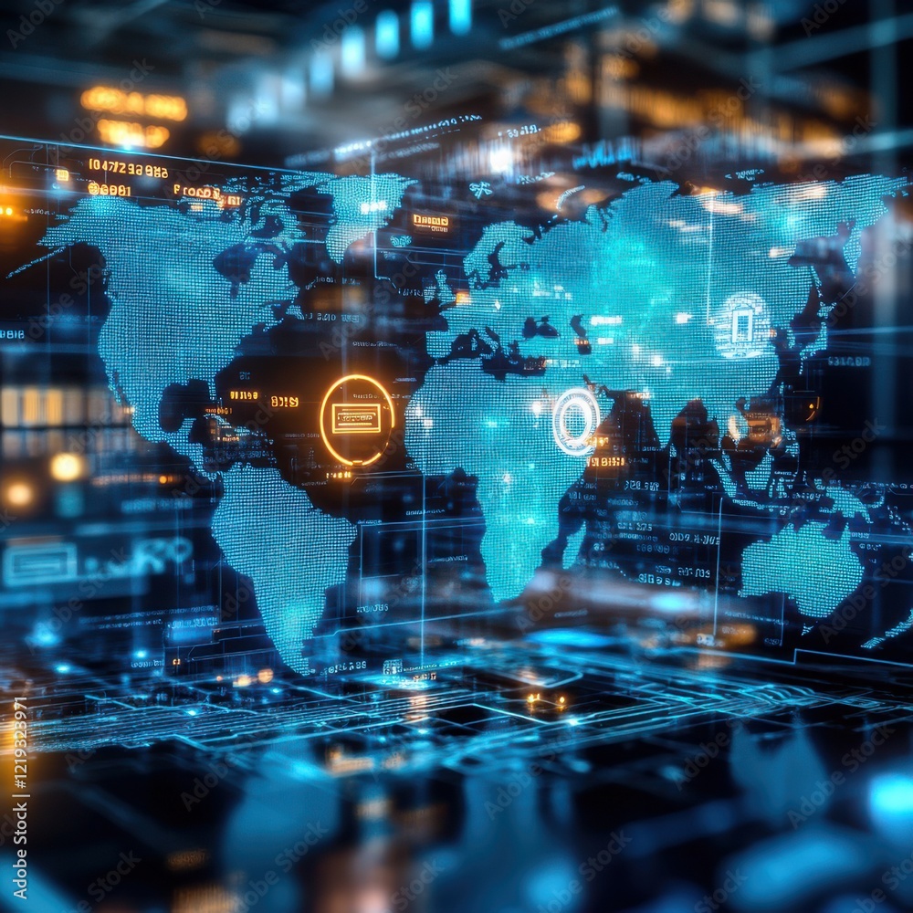 Poster digital world map displaying interconnected data points at night in a high-tech environment