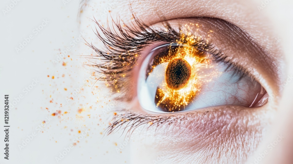 Poster close up of an eye with orange digital light and particles emanating from the iris, representing fut