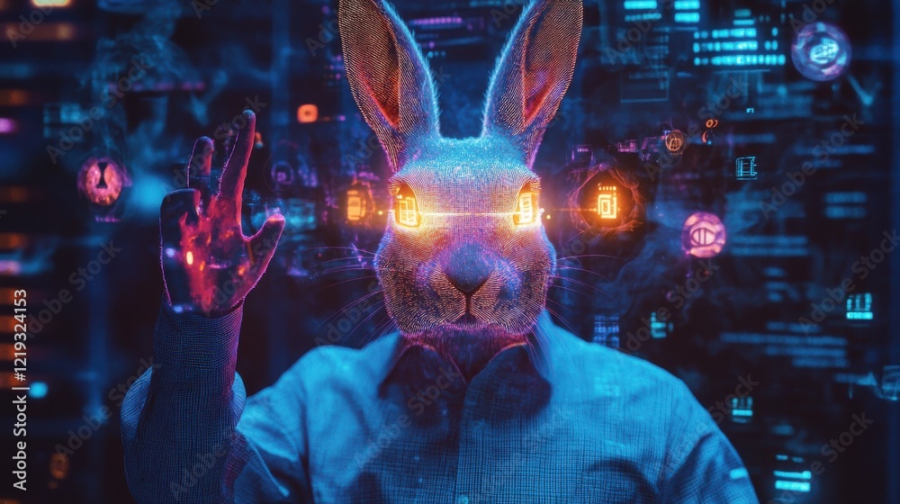 Poster the concept of a programmer as it tech rabbit personality lights up the portrait, showcasing his exp