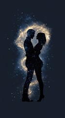 Obraz premium Silhouetted Couple Embraced by Cosmic Galaxy Background