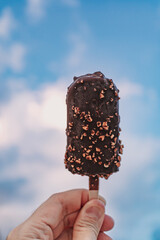 Chocolate ice pop stick with beach blue sky background.