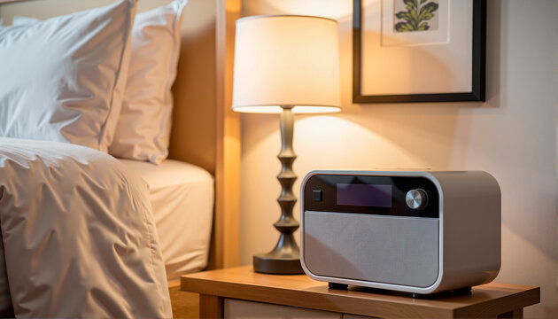 Modern bedside radio next to cozy bed with warm lamp light, Radio Day theme
