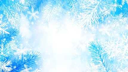 Winter wonderland background with snow-covered pine branches and snowflakes.