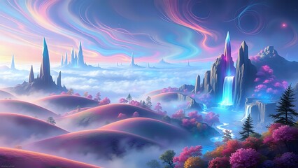 Fototapeta premium Dreamlike Mystical Landscape with Rolling Hills and Ethereal Waterfall