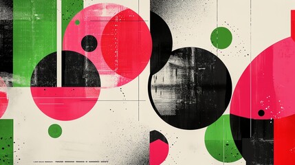 Obraz premium Retro risograph-inspired layout, grainy pink and green textures, exaggerated overlapping shapes layered for a vintage feel