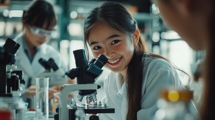 A medium shot of a Smiling girl in school uniform under selective focus looking into the microscope in a laboratory with other students in the foreground and her teacher working in the background