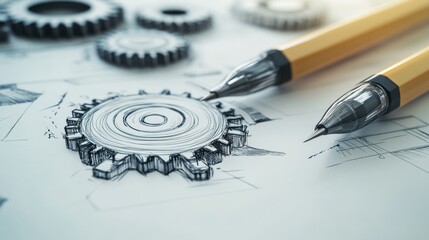 Drawing cogwheel and business sketch. Teamwork and startup concept. 3D Rendering