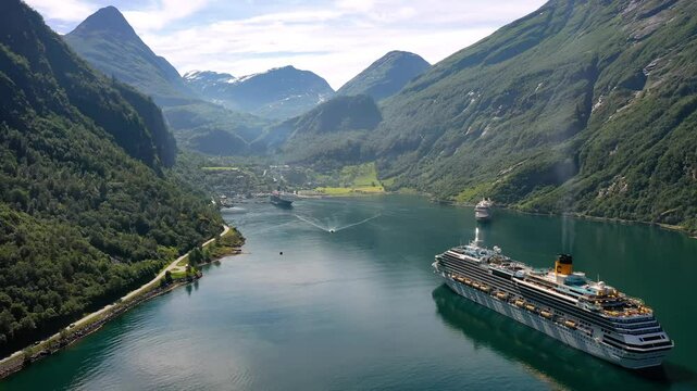 Cruise Liners On Geiranger fjord, Norway